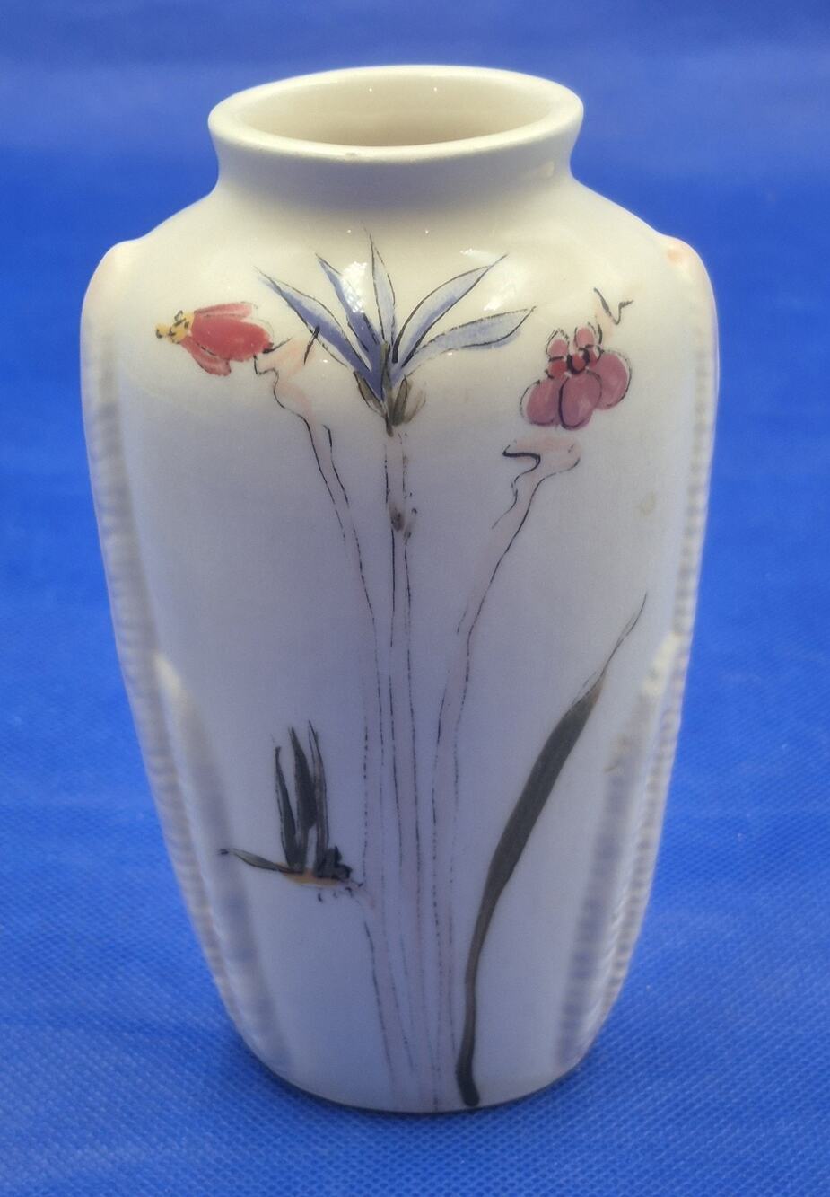 Vintage Barbara Baatz Signed Ceramic Vase Handpainted Florals on White 6" Tall